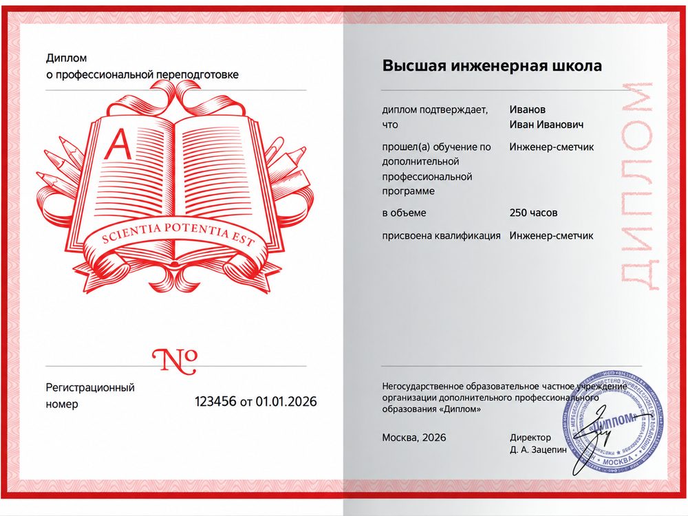 Образец диплома о профессиональной переподготовке «Инженер-сметчик»
